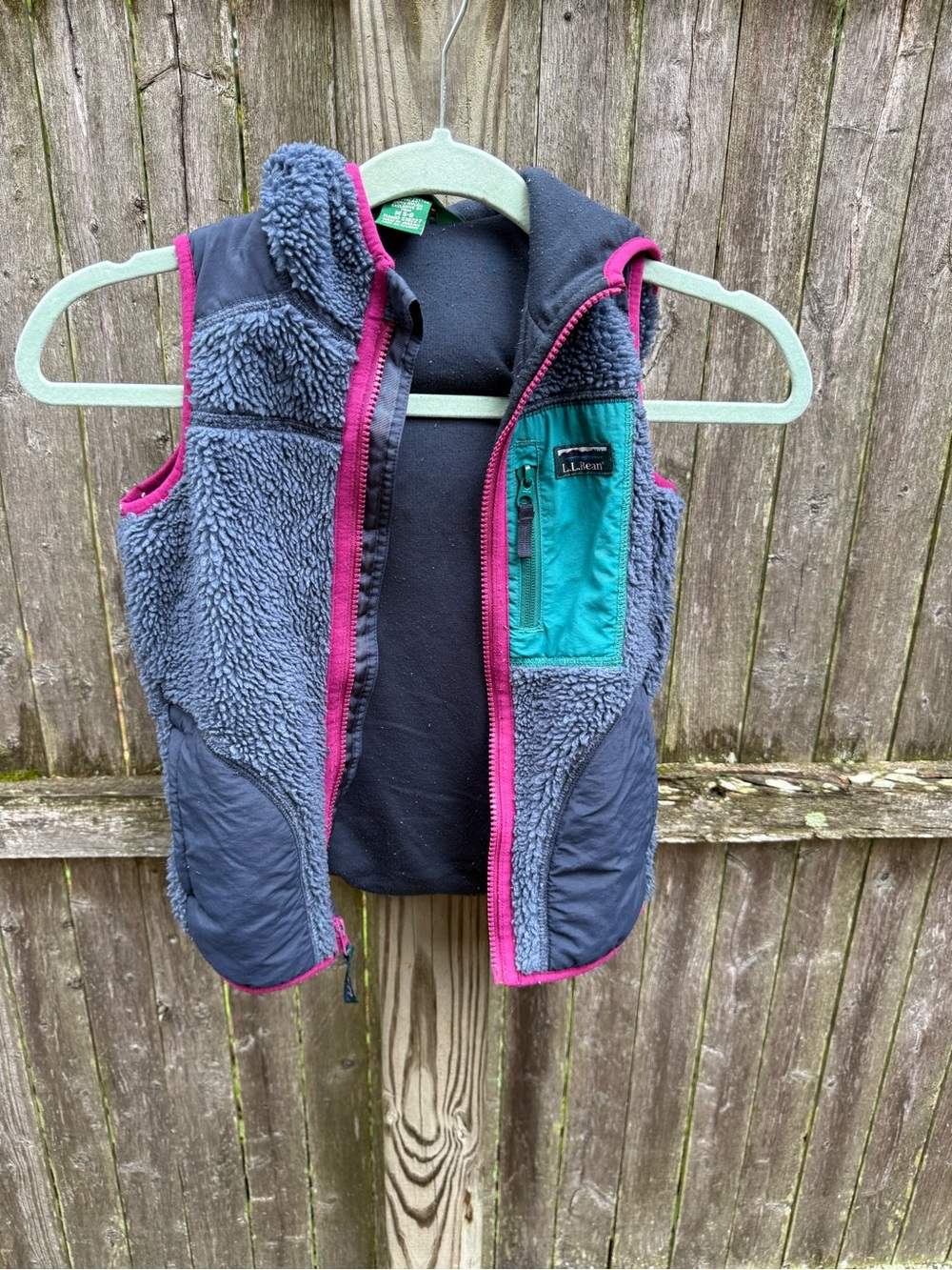 L.L. Bean Kids Gray Sherpa Vest with Teal Pocket and Pink Trim